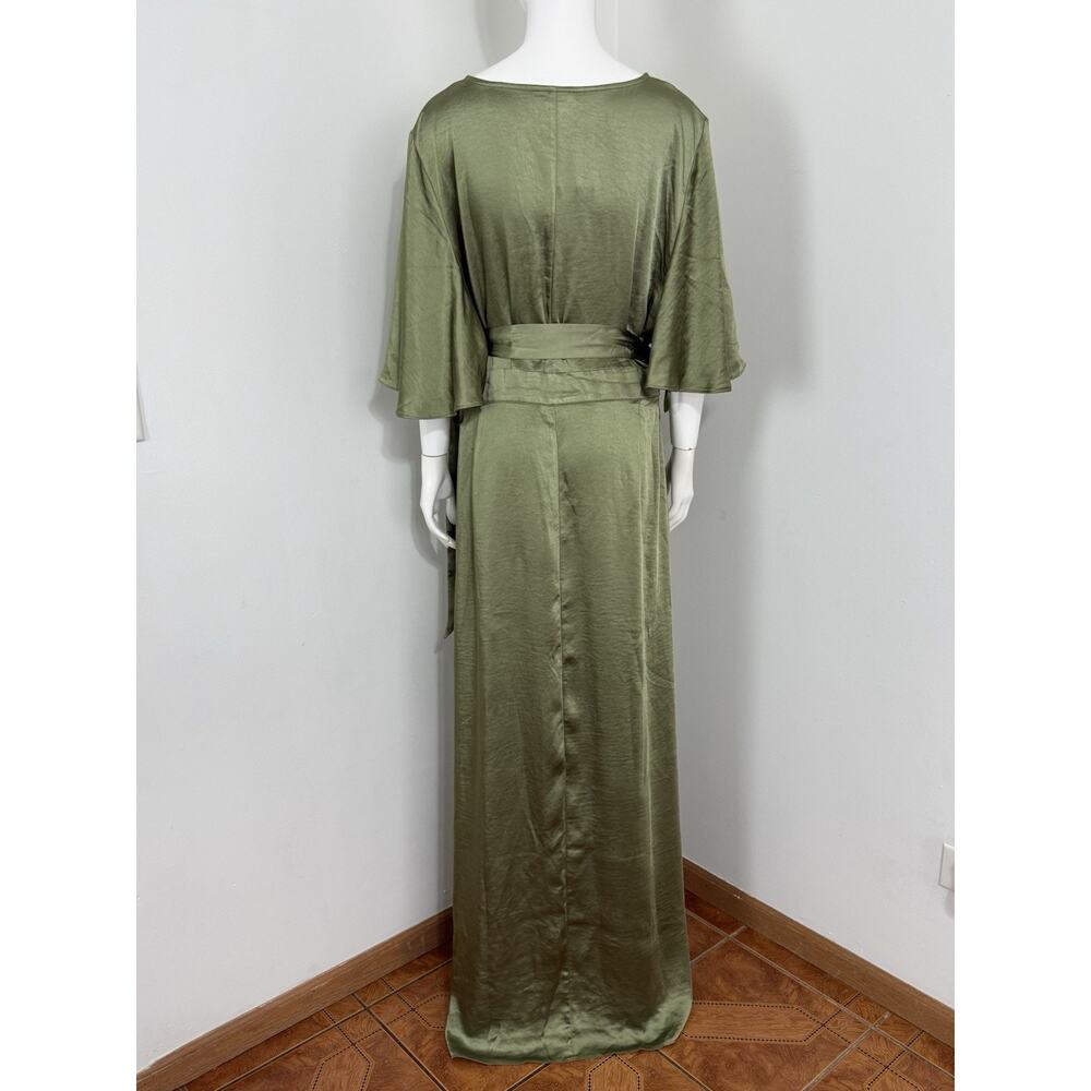 Six Stories Sage Green Satin Wrap Maxi Dress Women Uk 22 Flutter Sleeve Nwt $199 — image 5 of 8